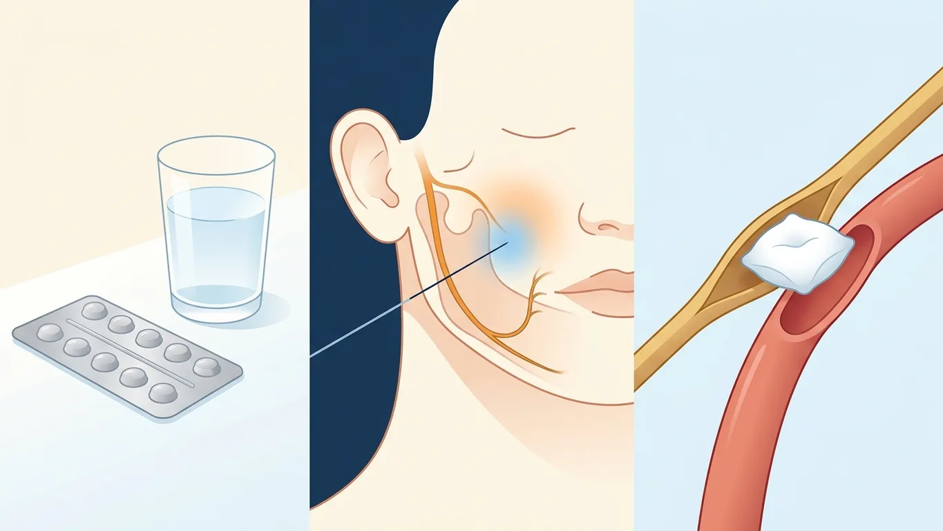 Trigeminal nevralji tedavisinde ilaç, perkütan işlem ve mikrovasküler dekompresyon basamaklarını gösteren illüstrasyon